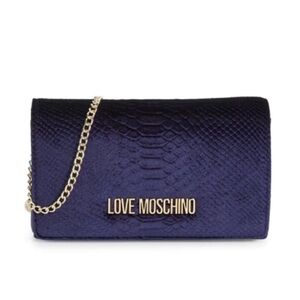 Love Moschino Navy Snake-Embossed Clutch with Gold Chain